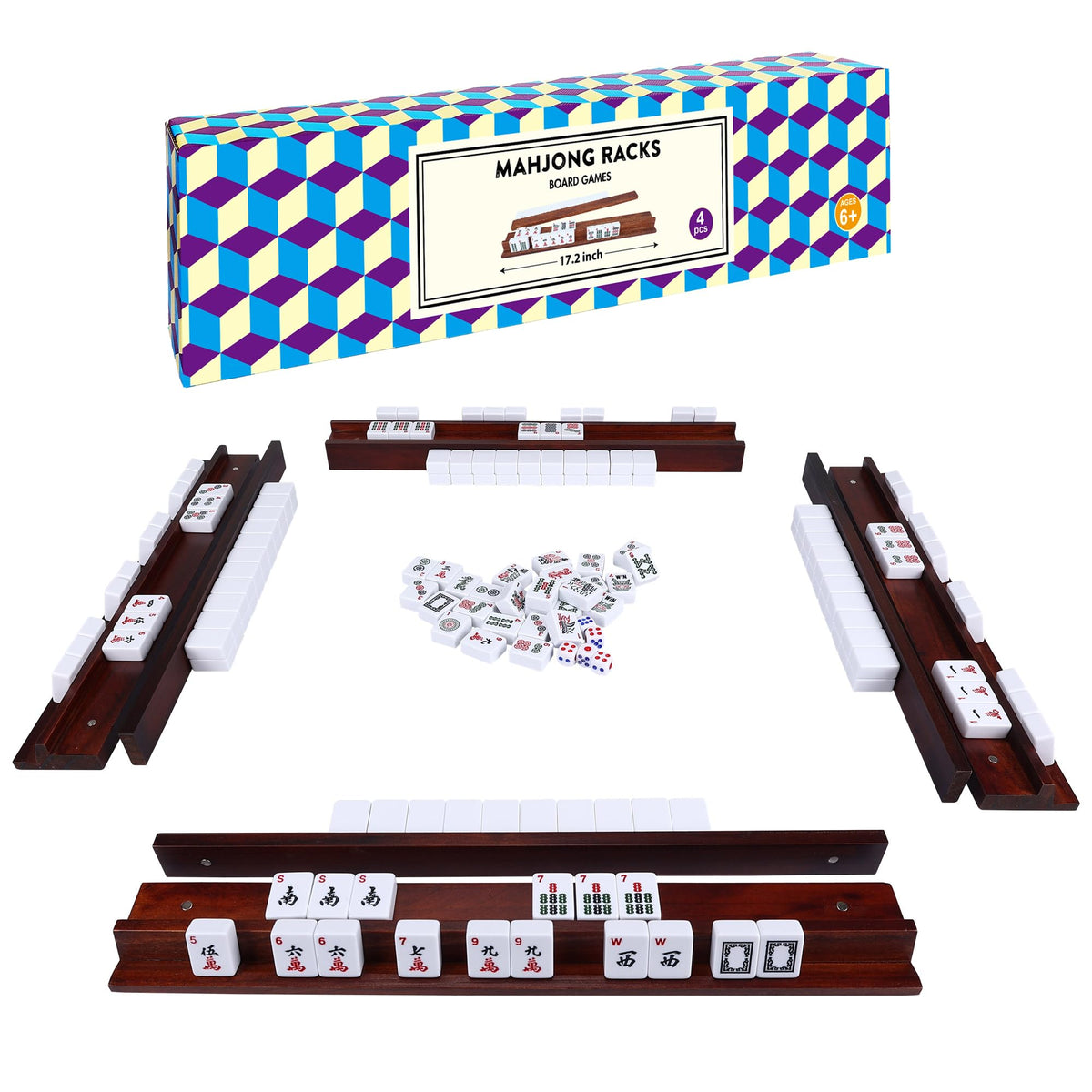 Offelec mahjong racks with wooden tiles and stable magnetic pushers for smooth play