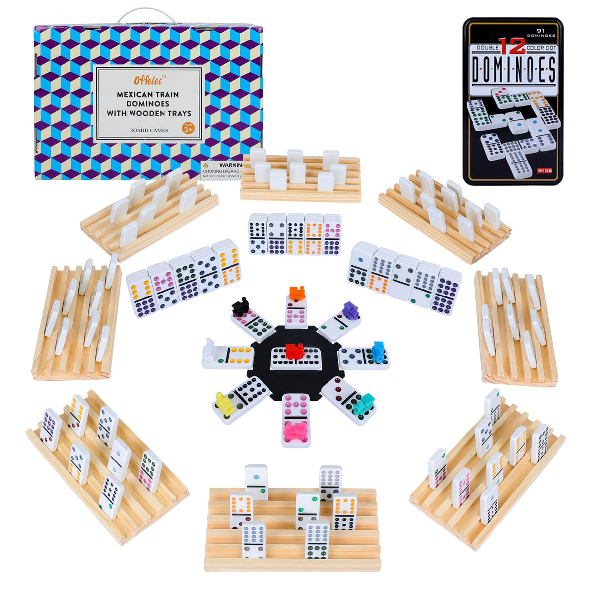 Offelec Mexican Train dominoes tiles 91 laid out for quick setup and easy readability