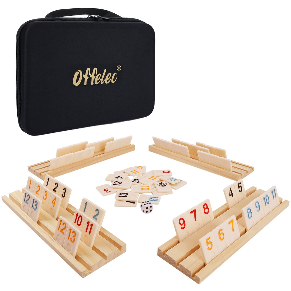 Offelec Rummy tiles with 106 bright numbers for clear visibility during family game night.