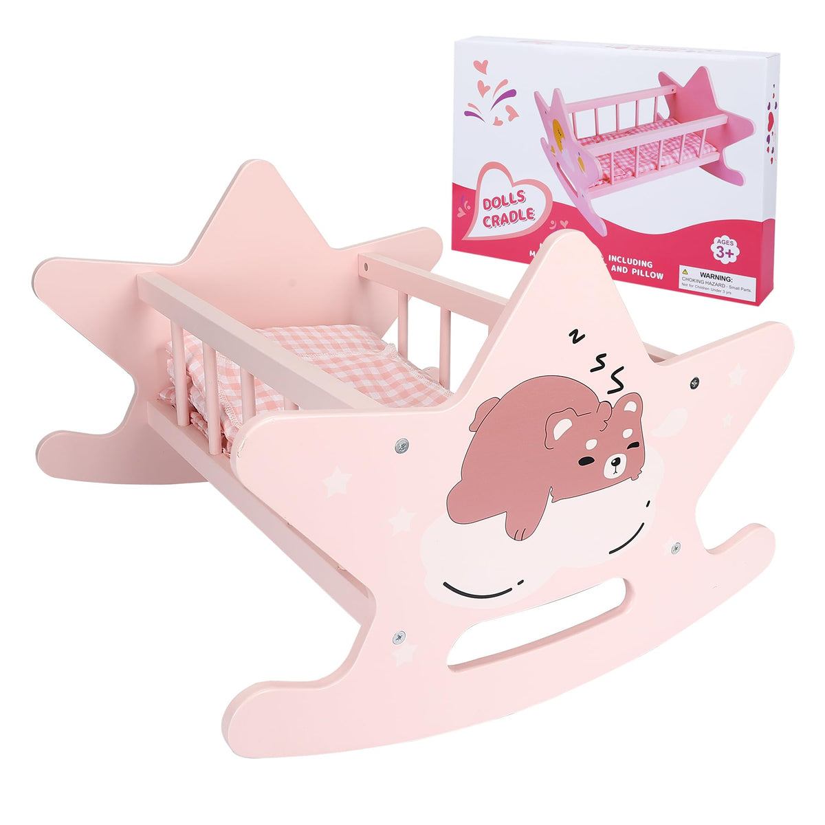 Offelec wooden doll crib pink bed with cozy bedding for imaginative play