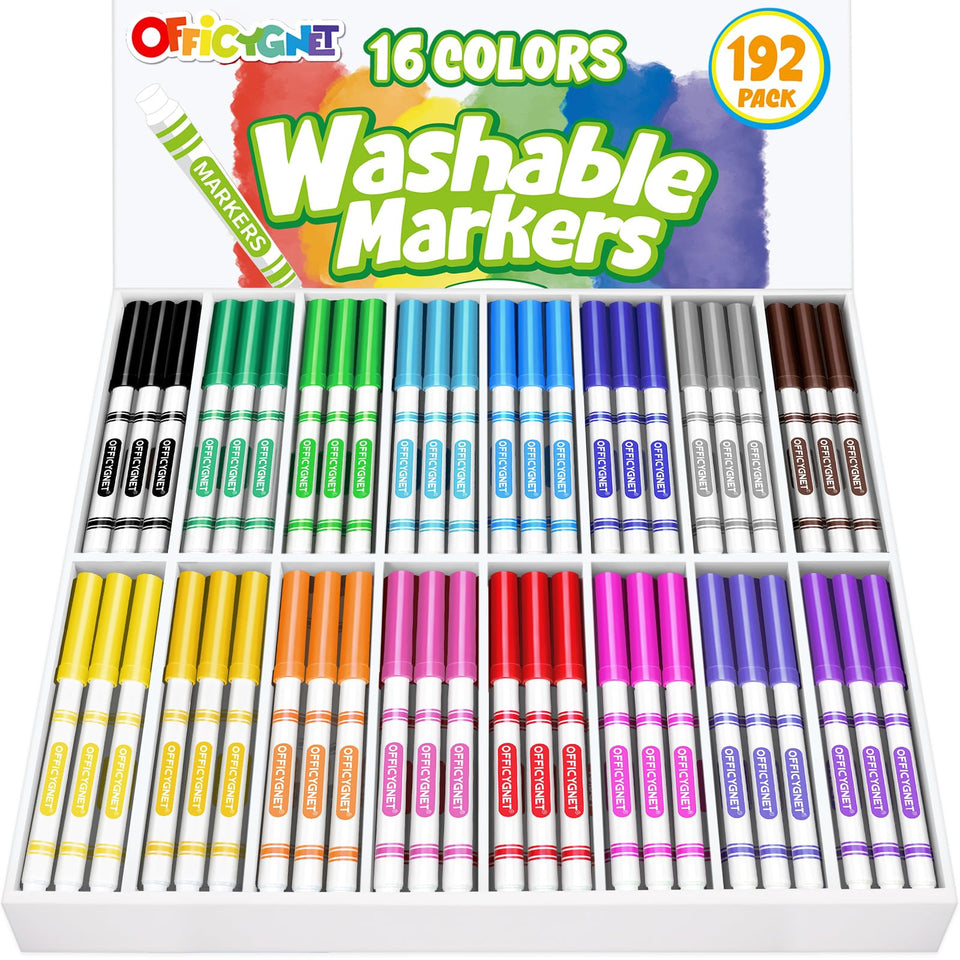 Officygnet 192-count washable markers bulk in a sturdy storage box for classrooms.