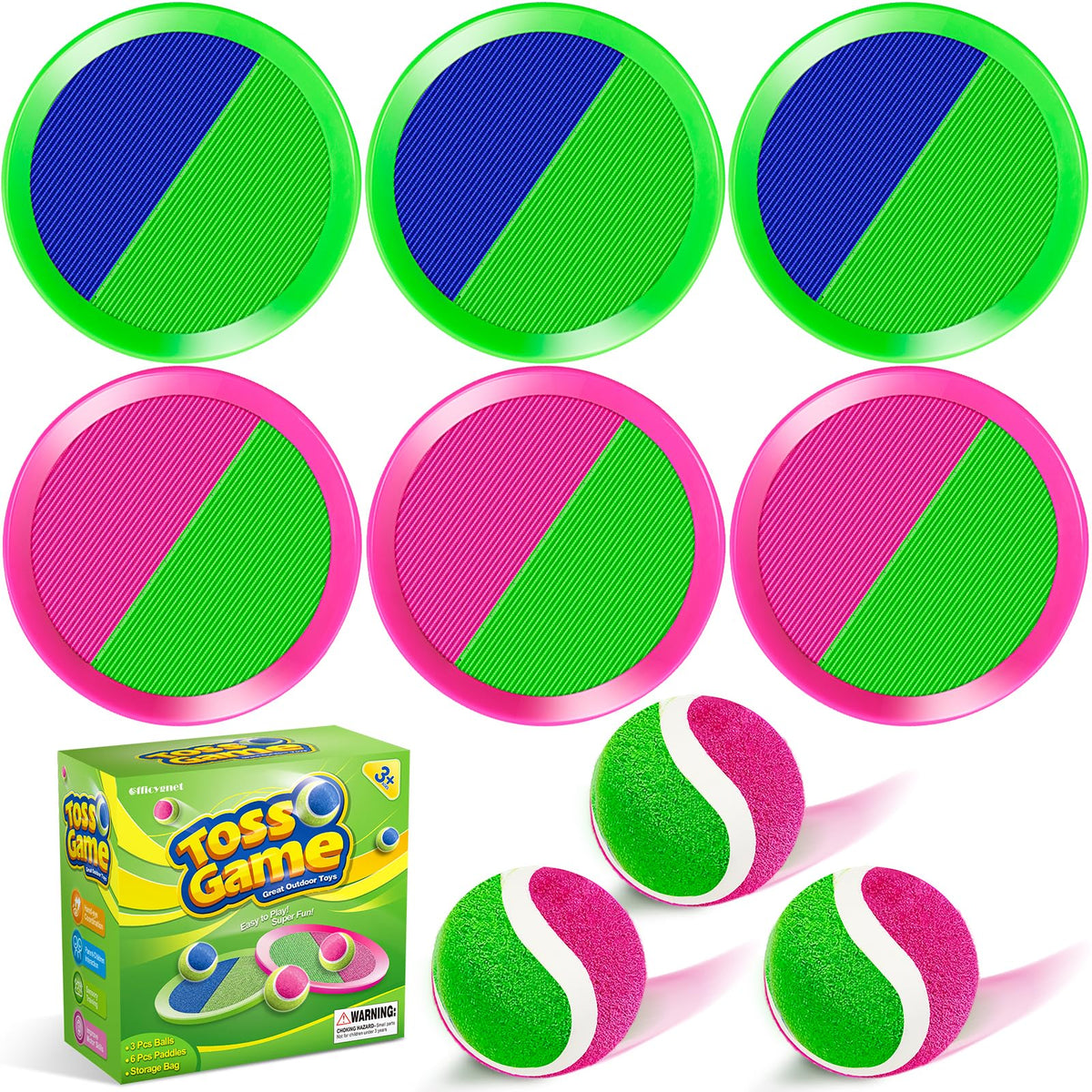 Officygnet six multicolor paddles shown for outdoor throw-and-catch play.