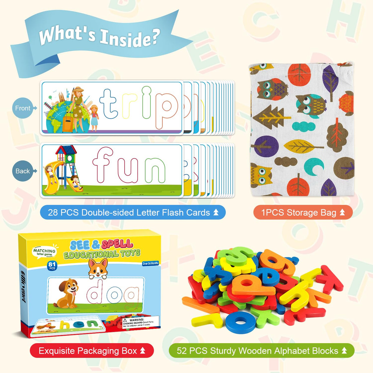 Officygnet alphabet blocks with visual cues support spelling and word recognition.