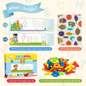 Officygnet alphabet blocks with visual cues support spelling and word recognition.
