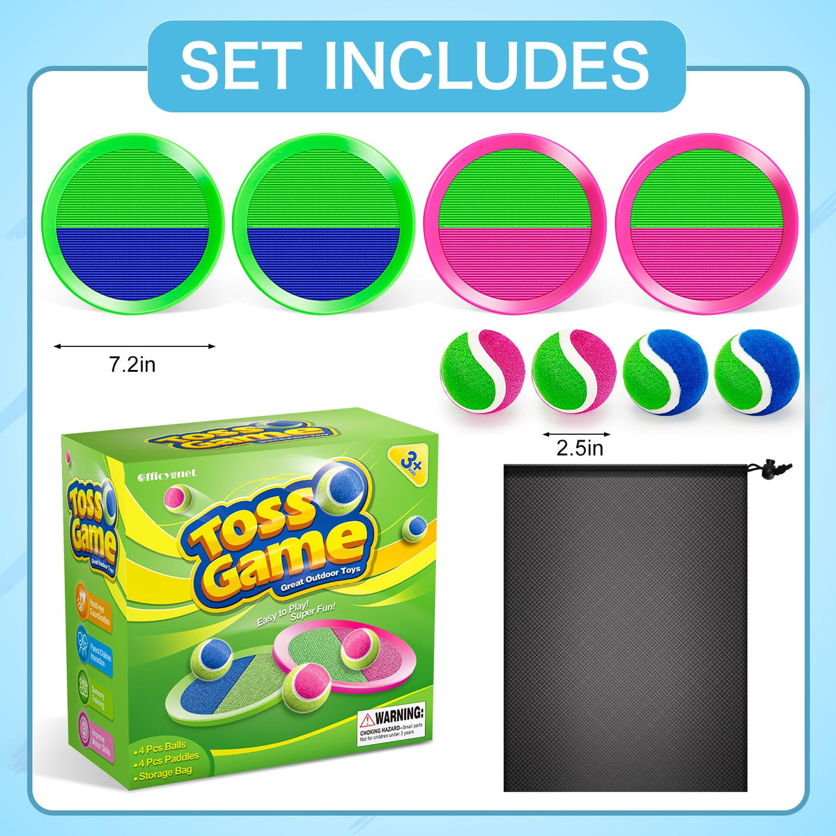Officygnet toss set featuring durable ABS paddles and soft easy-to-remove balls