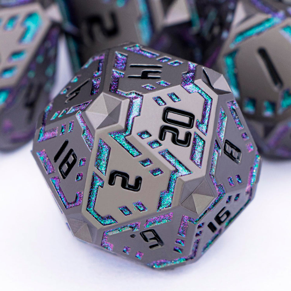 OGCOPHEN metal DND dice with stripe-etched detail on black-green-purple for immersive gameplay