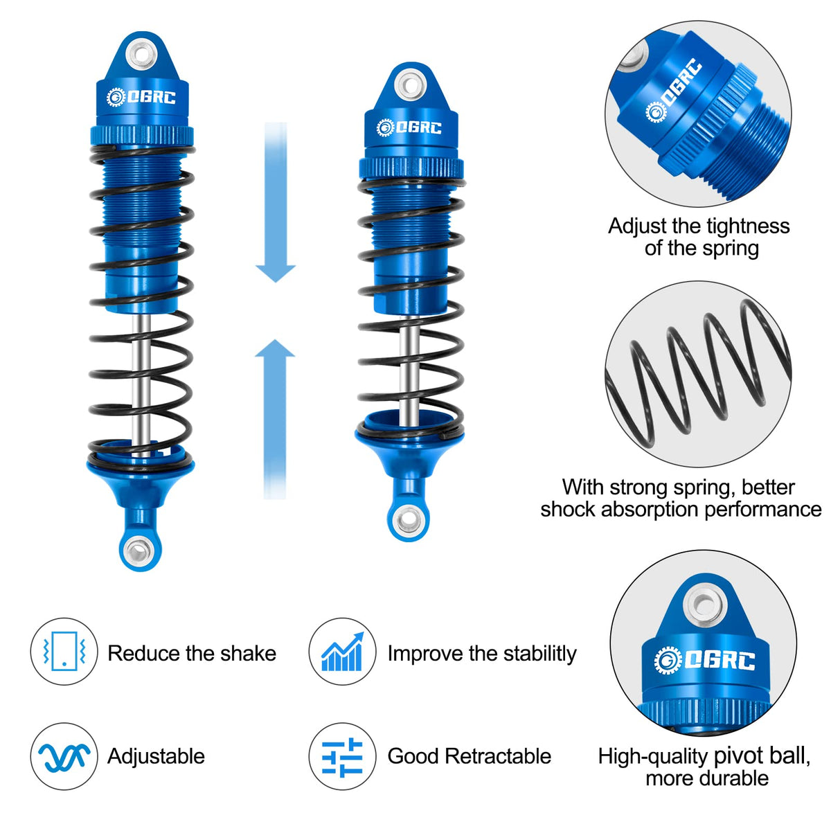 OGUNKE OGRC blue shock absorber, anodized body visible for rugged, long-lasting appearance.