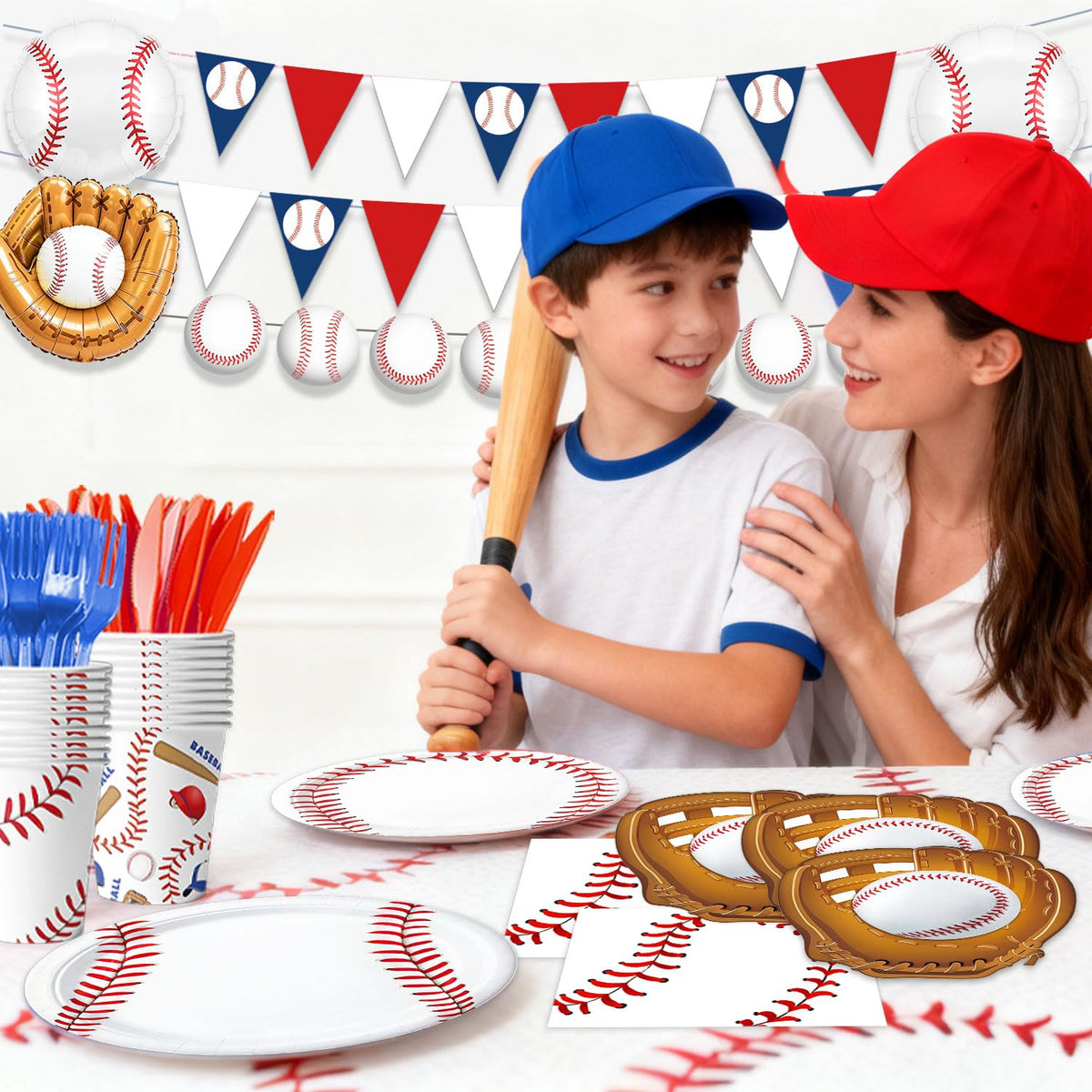 Oigco baseball tablecloth protects surfaces while tying the theme