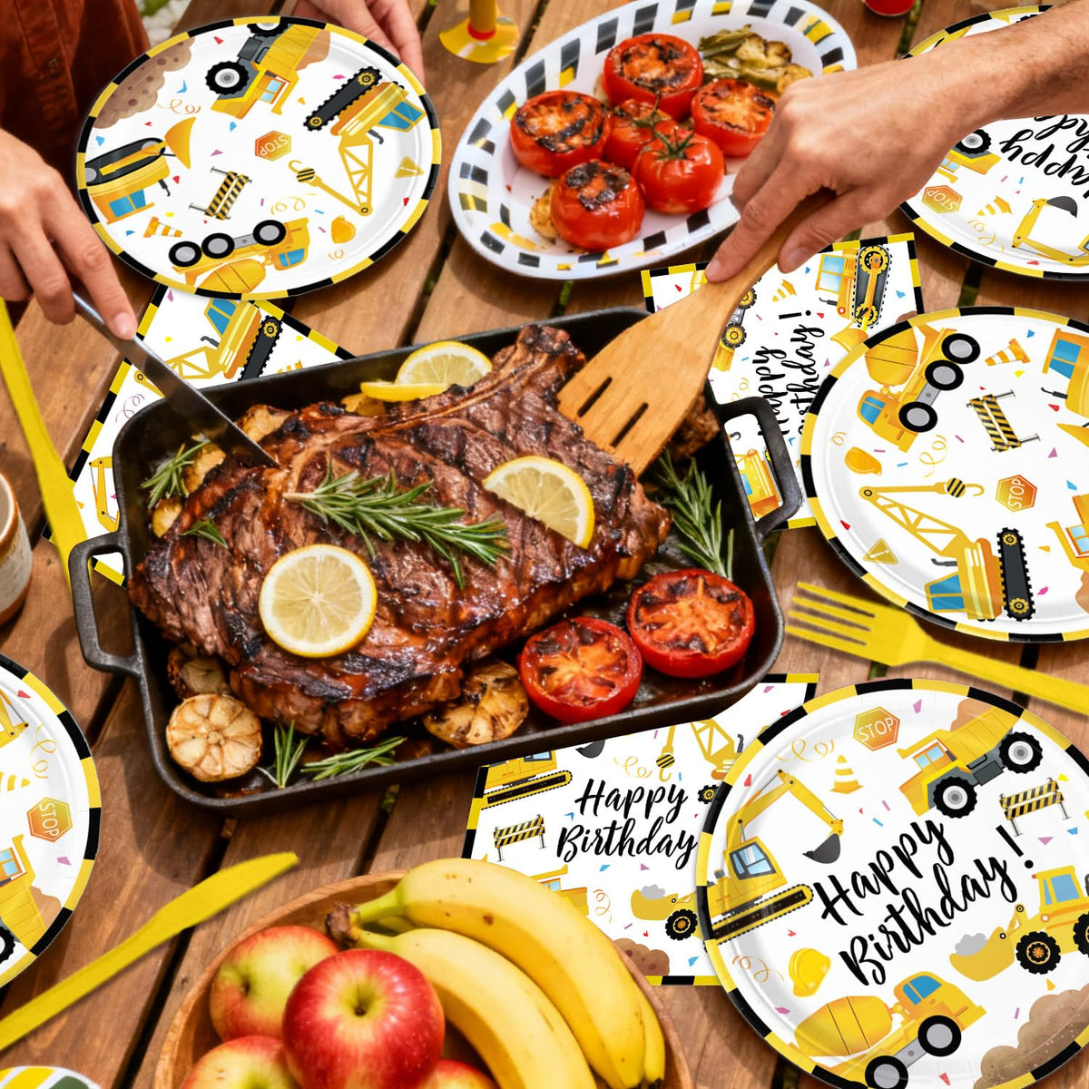 Oigco construction cutlery set includes knives and forks for convenient serving.