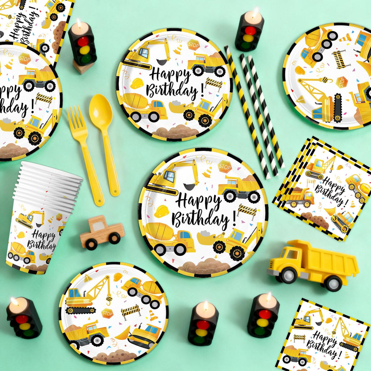 Oigco construction napkins and cups set adds color and simplifies cleanup.