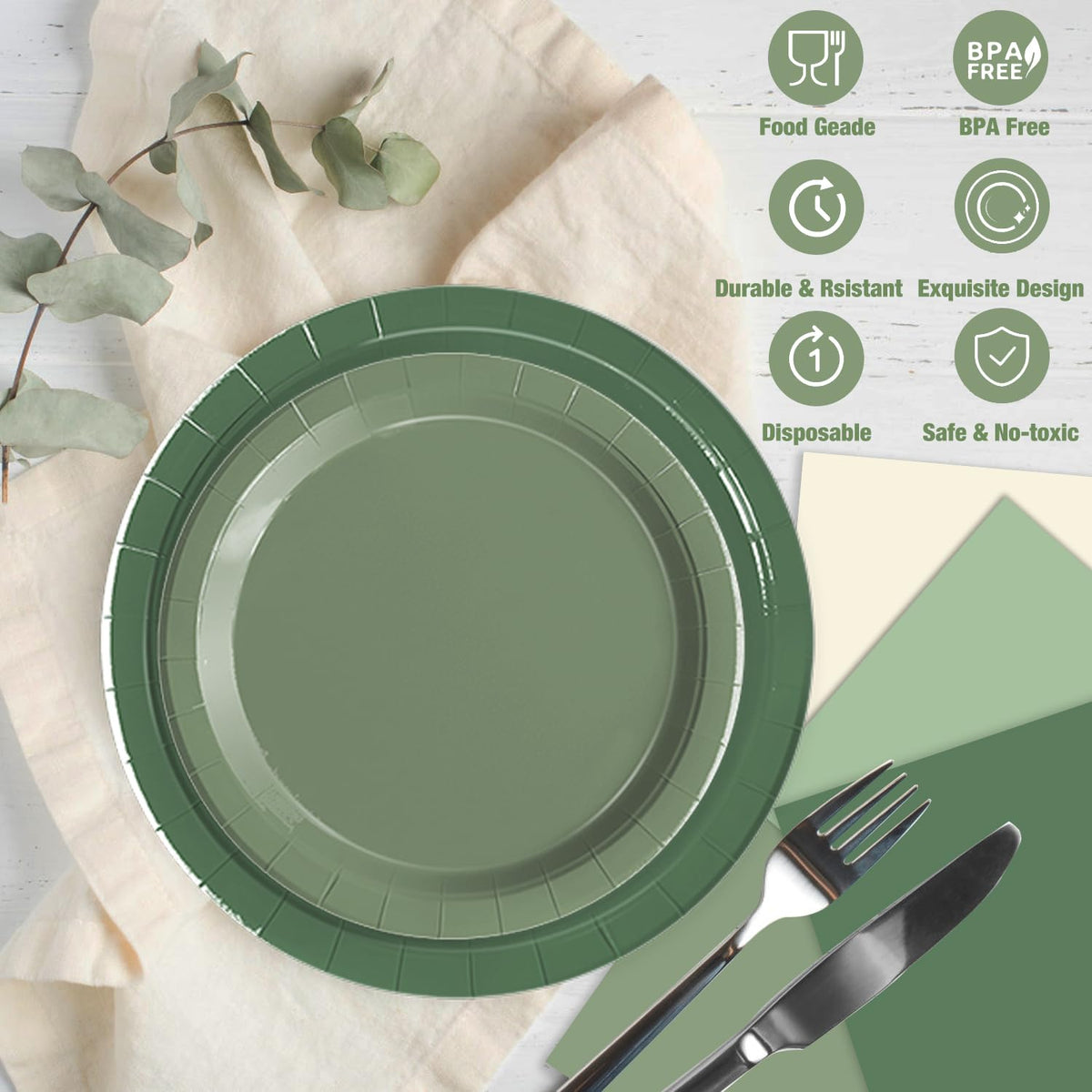 Oigco sage green tableware set showcases elegant summer party vibes.