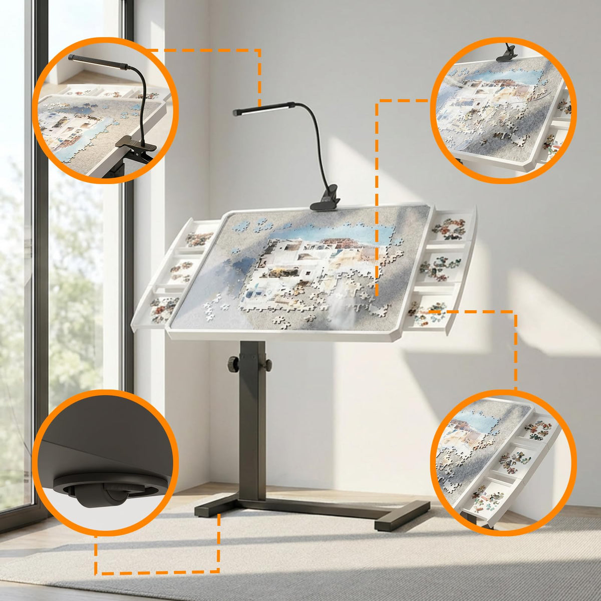 OIRBOEUS table includes four wheels for easy repositioning.