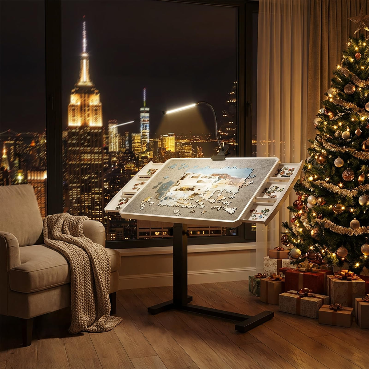 OIRBOEUS jigsaw table illumination helps clear viewing in dim rooms.