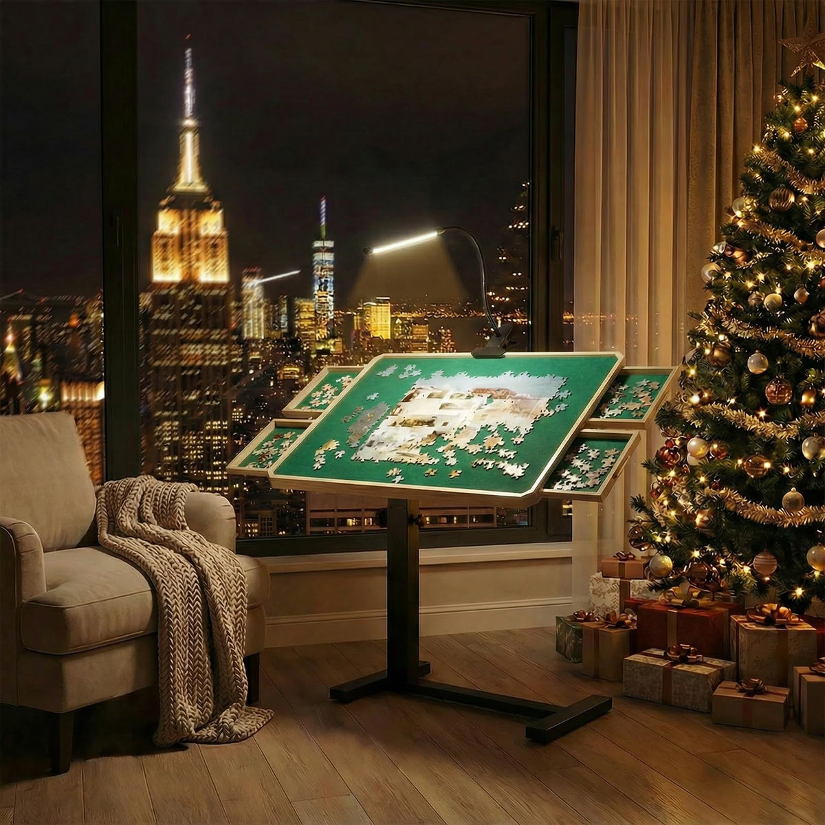 OIRBOEUS Puzzle Table built-in lighting highlights pieces and reduces eye strain.