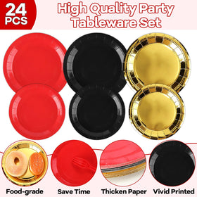 Oitnlaughter red-black-gold napkins paired with plates for coordinated table settings.