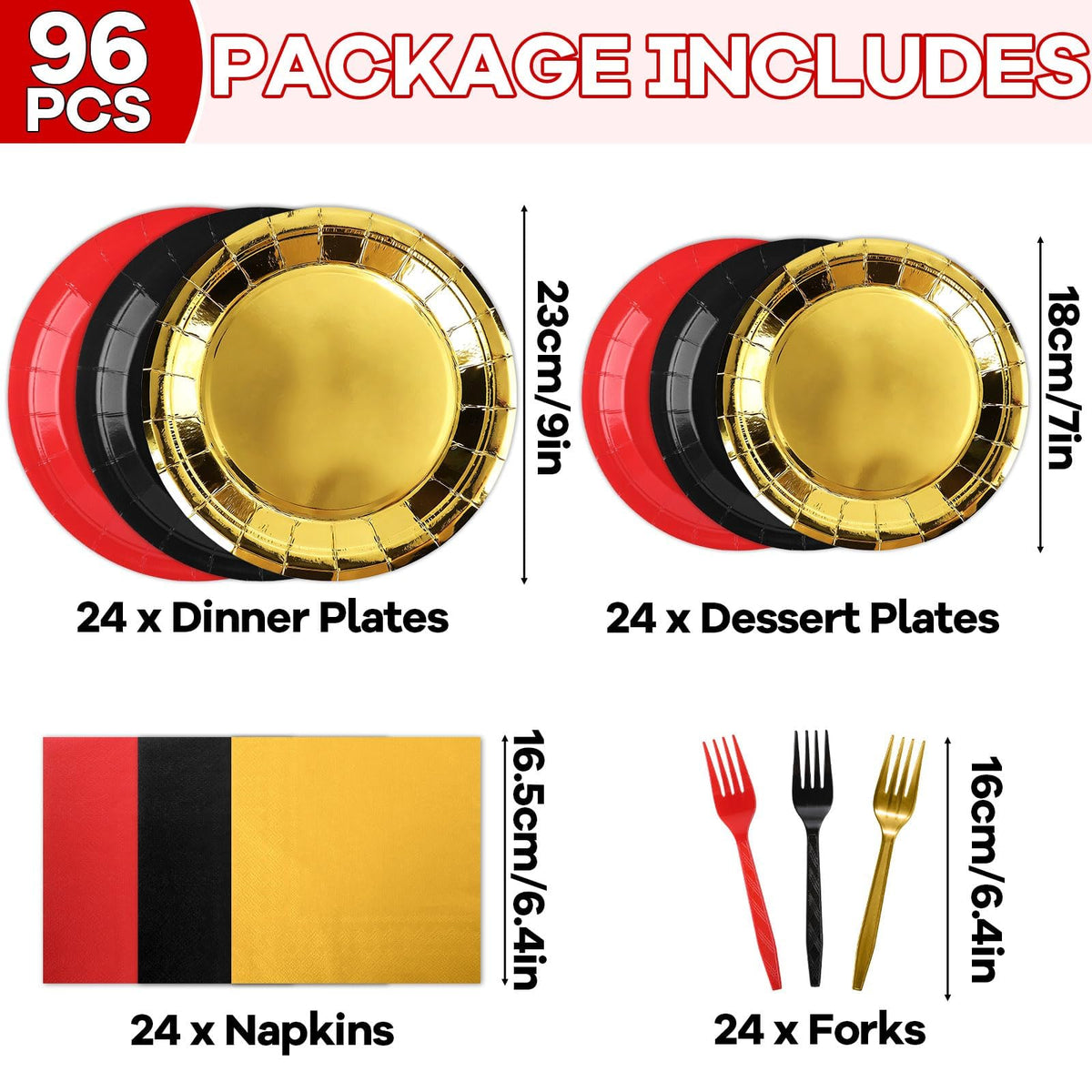 Oitnlaughter red-black-gold plates for cohesive party decor and easy cleanup.