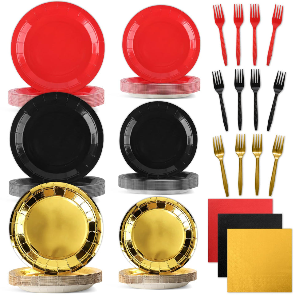 Oitnlaughter casino-night plates in red, black, and gold for stylish gatherings.