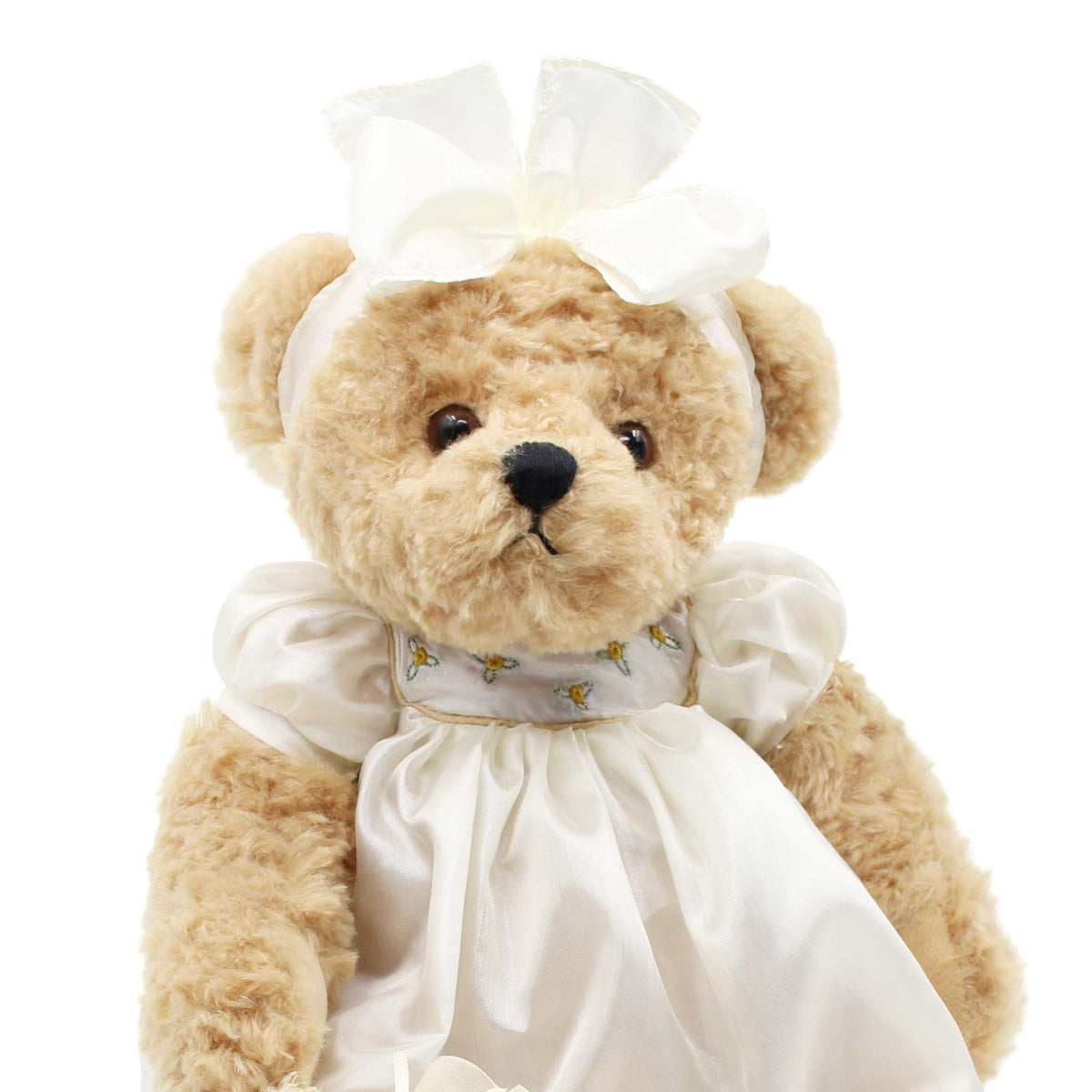 Oitscute teddy bear blue dress, gentle plush friend for storytime and naps.