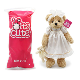 Oitscute teddy bear with satin bow, hand-stitched nose detail for charm.