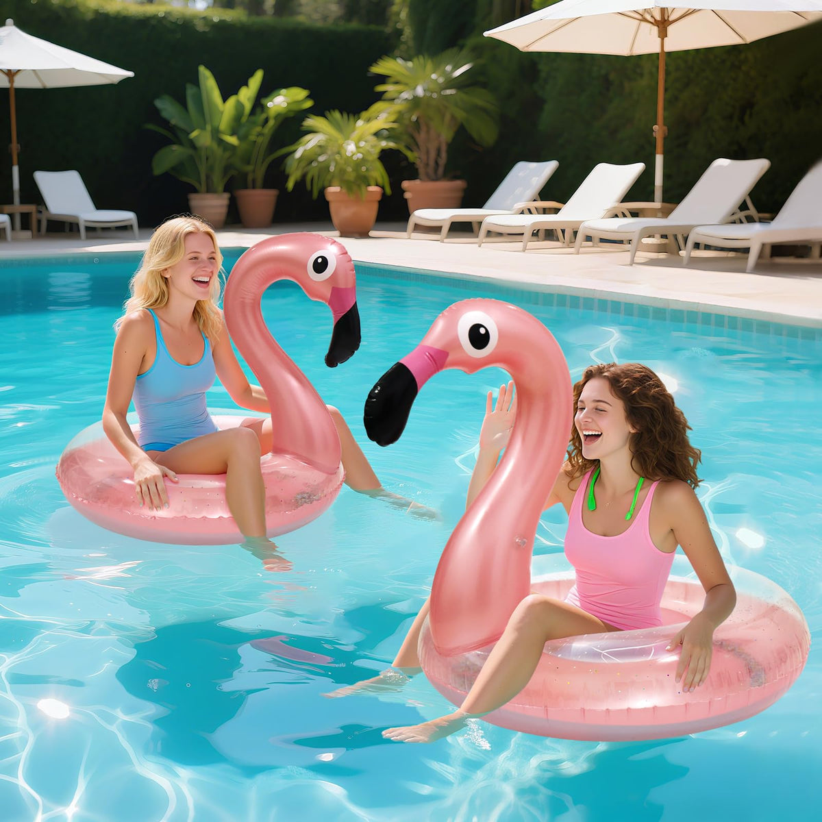 Oiuros glitter translucent flamingo pool float sparkles during sunny pool time.