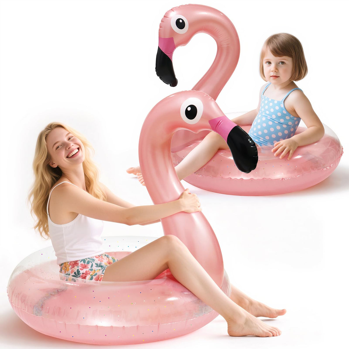Oiuros Flamingo inflatable large pool float shines in sun, ideal for family lounging.