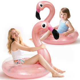 Oiuros Flamingo inflatable large pool float shines in sun, ideal for family lounging.