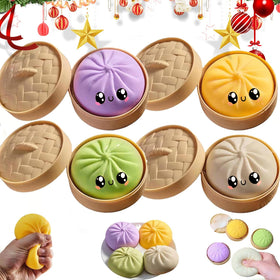 OJJ bun squeeze stress ball with steamer box for tactile desk relief.