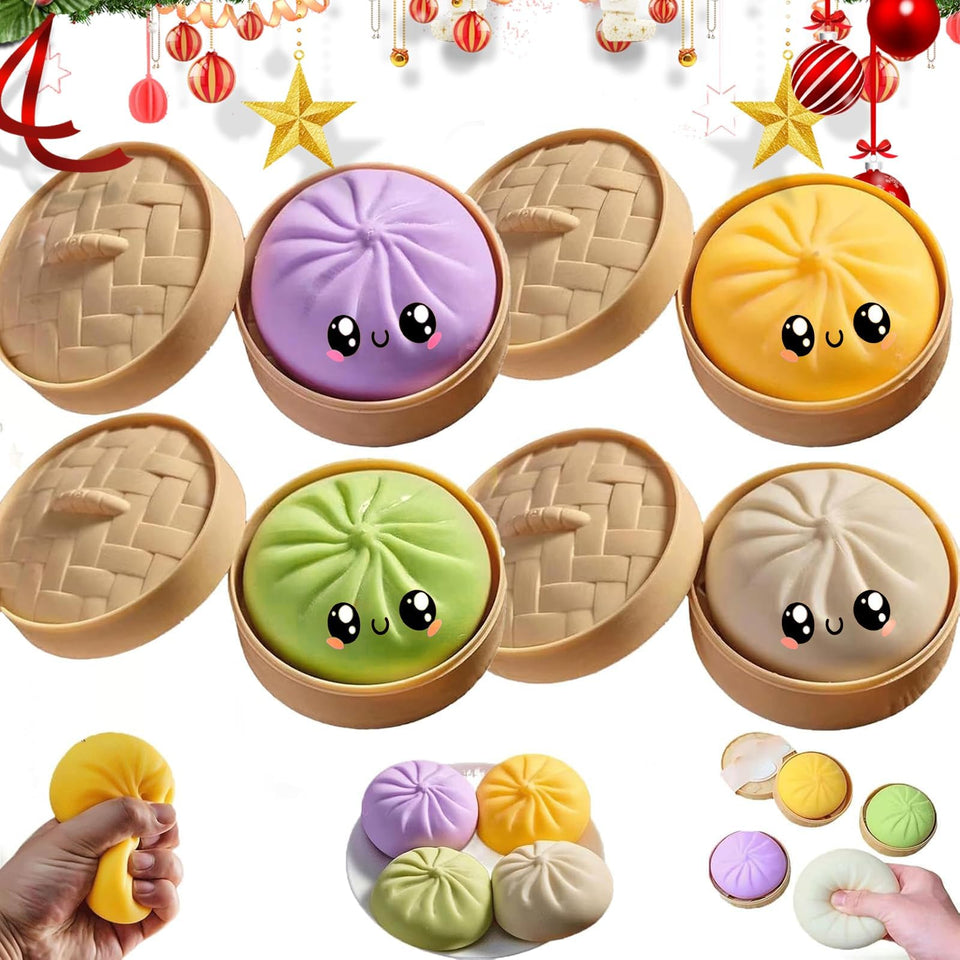 OJJ bun squeeze stress ball with steamer box for tactile desk relief.