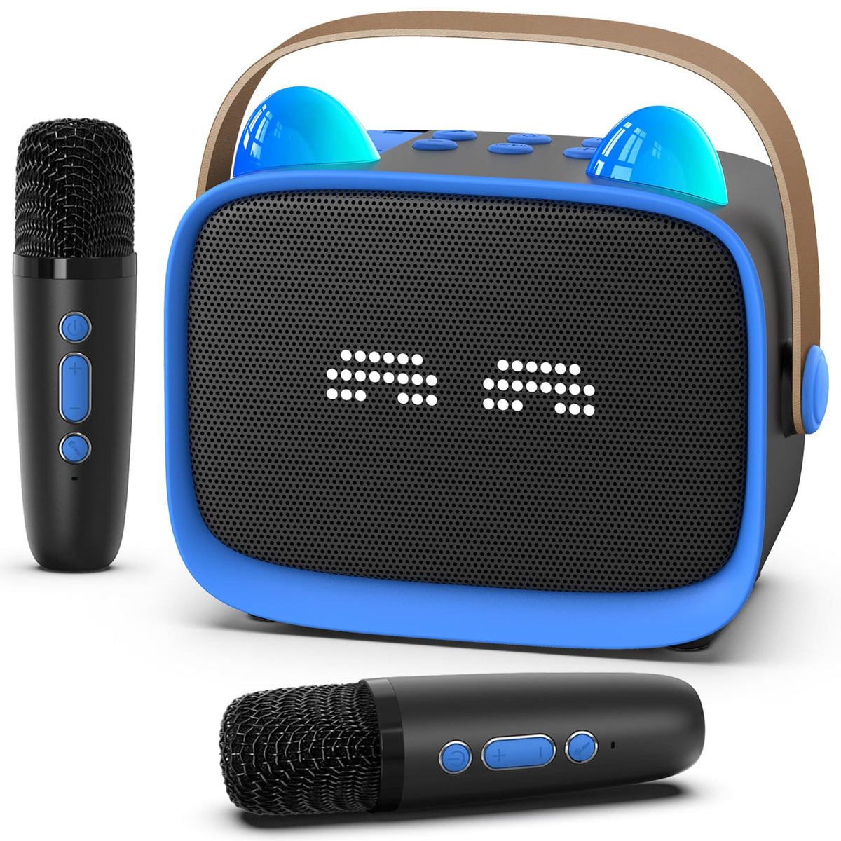 Okaloka mini karaoke blue front view showcases compact design for on-the-go singing fun.
