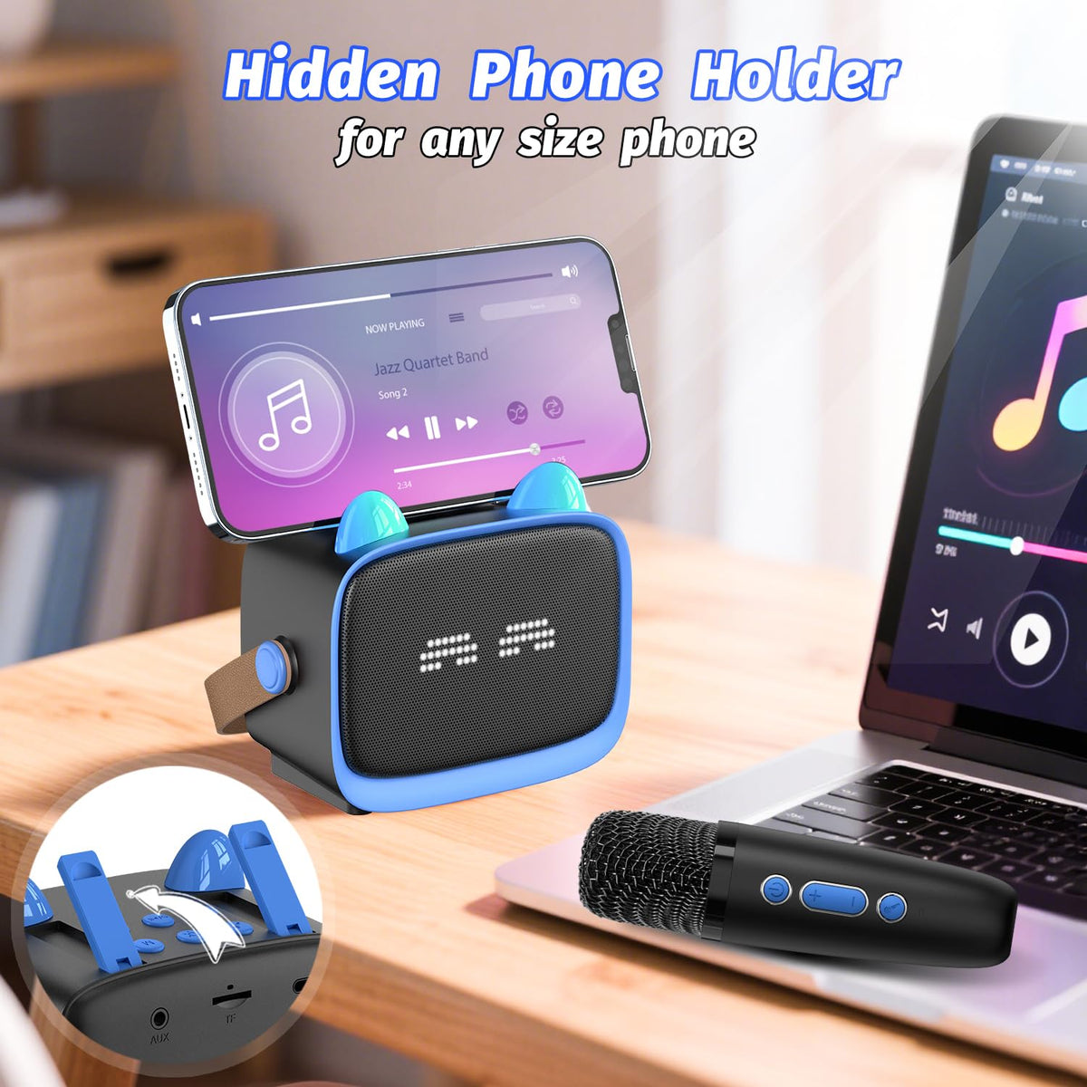 Okaloka blue microphones offer wireless capture for duet performances and clear vocal sharing.