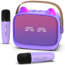 Okaloka mini karaoke machine purple front with LED lighting for party fun
