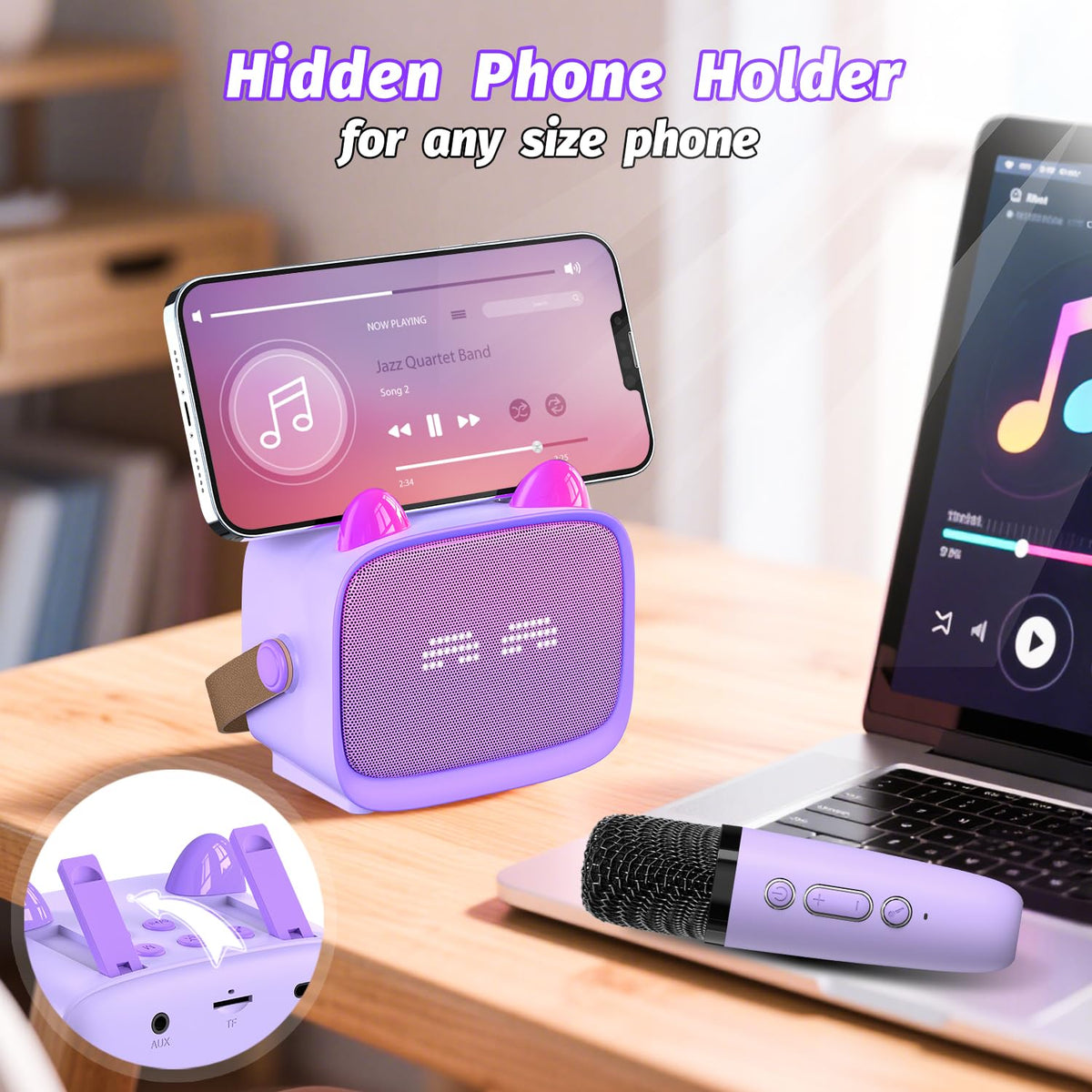 Okaloka purple karaoke unit demonstrating dynamic LED effects to excite kids
