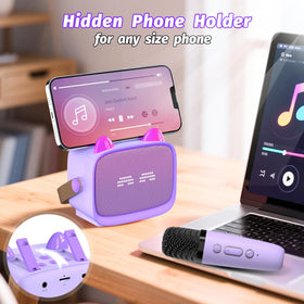 Okaloka purple karaoke unit demonstrating dynamic LED effects to excite kids