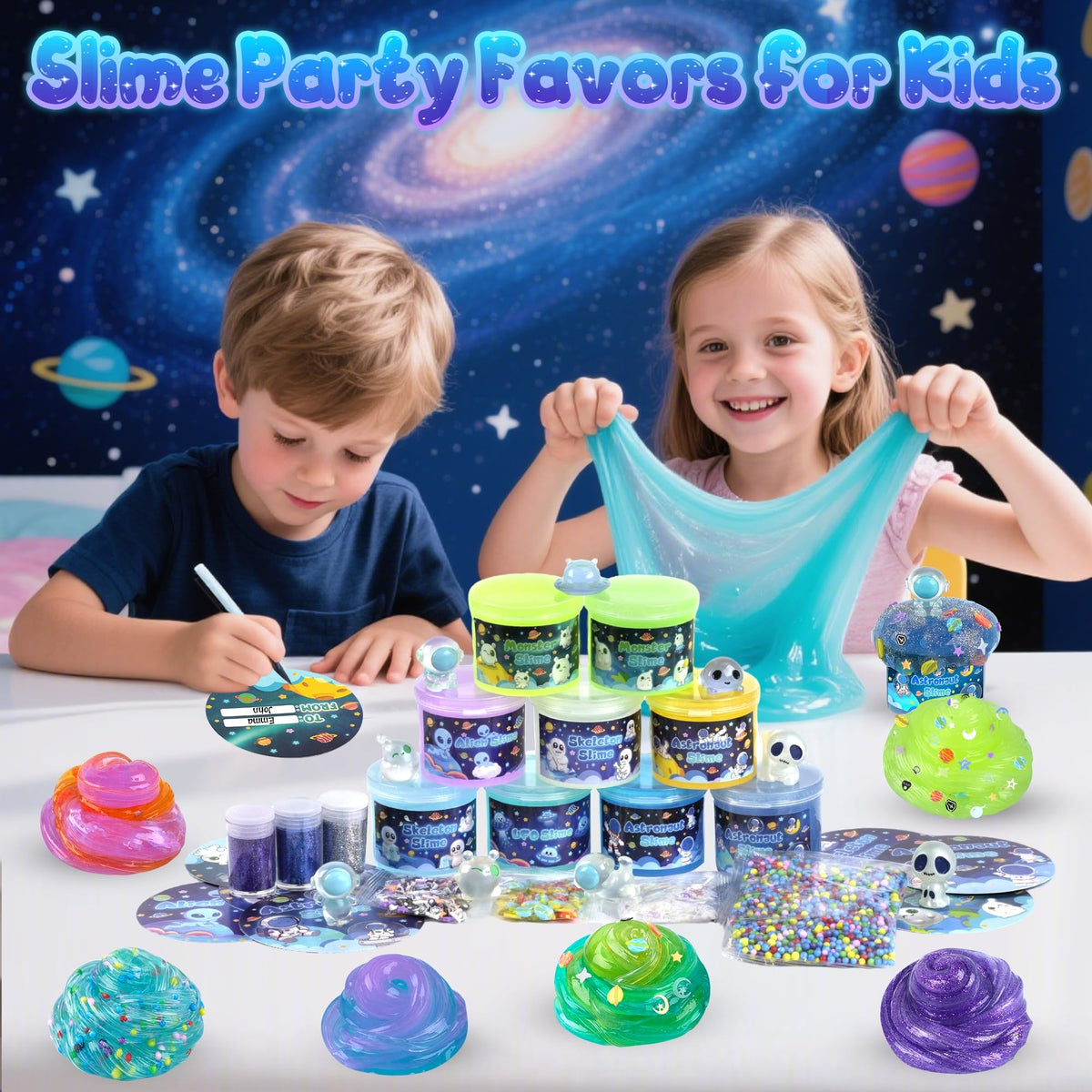 Okaybee Galaxy slime Cosmic Blue color creates mesmerizing galactic textures for kids.