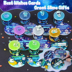 Okaybee Galaxy slime with UFO charms adds glow-in-the-dark wonder to night play.