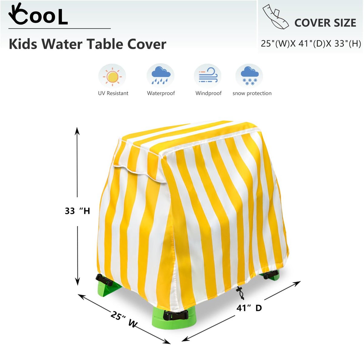Okcool cover side view shows size 41x25x33 inches for a precise fit.