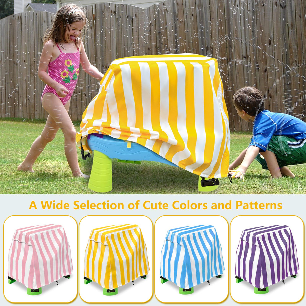 Okcool water table cover wind-fastening snaps securing the cover during breezy days.