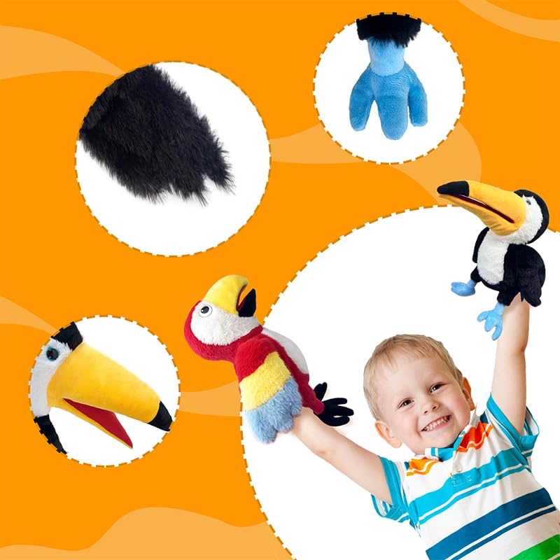 Okegztoa Toucan puppet measures 13.8 inches, ideal for kids and adults.