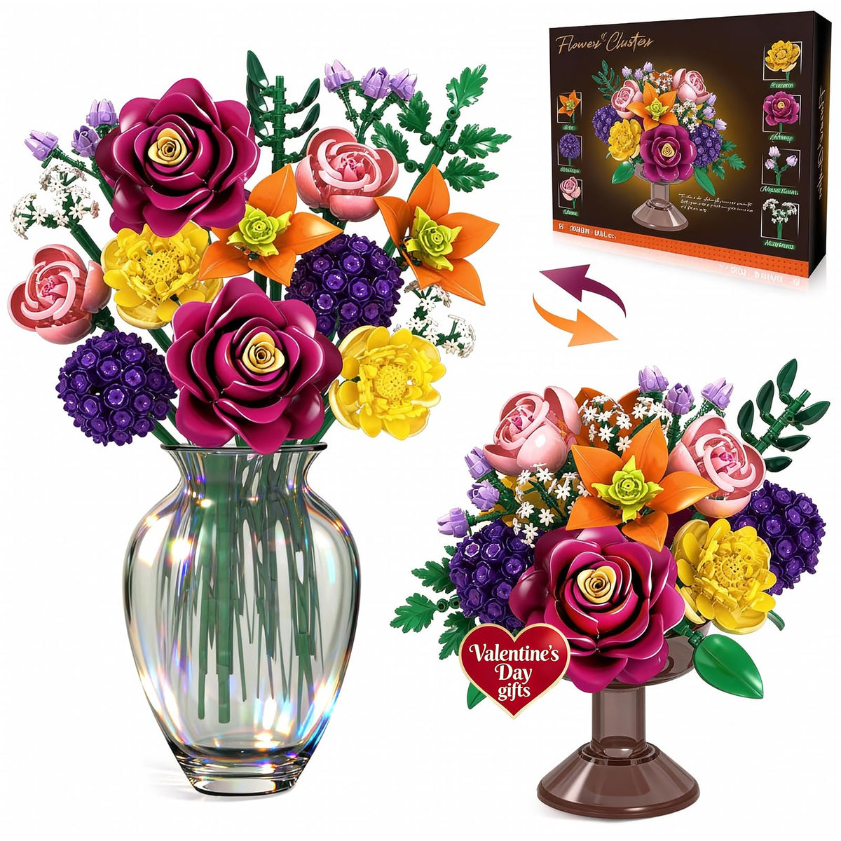 OKKIDY flower bouquet building set closeup—precise interlocks for durable, reusable décor.