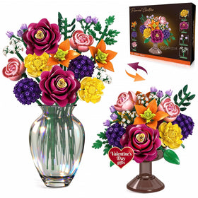 OKKIDY flower bouquet building set closeup—precise interlocks for durable, reusable décor.
