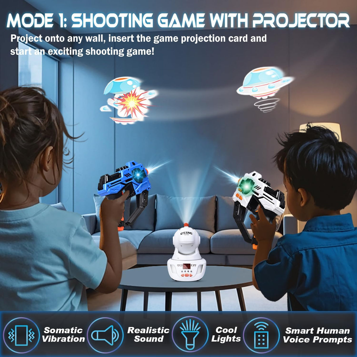 OKKIDY infrared guns projecting duck pattern to spark playful target practice.
