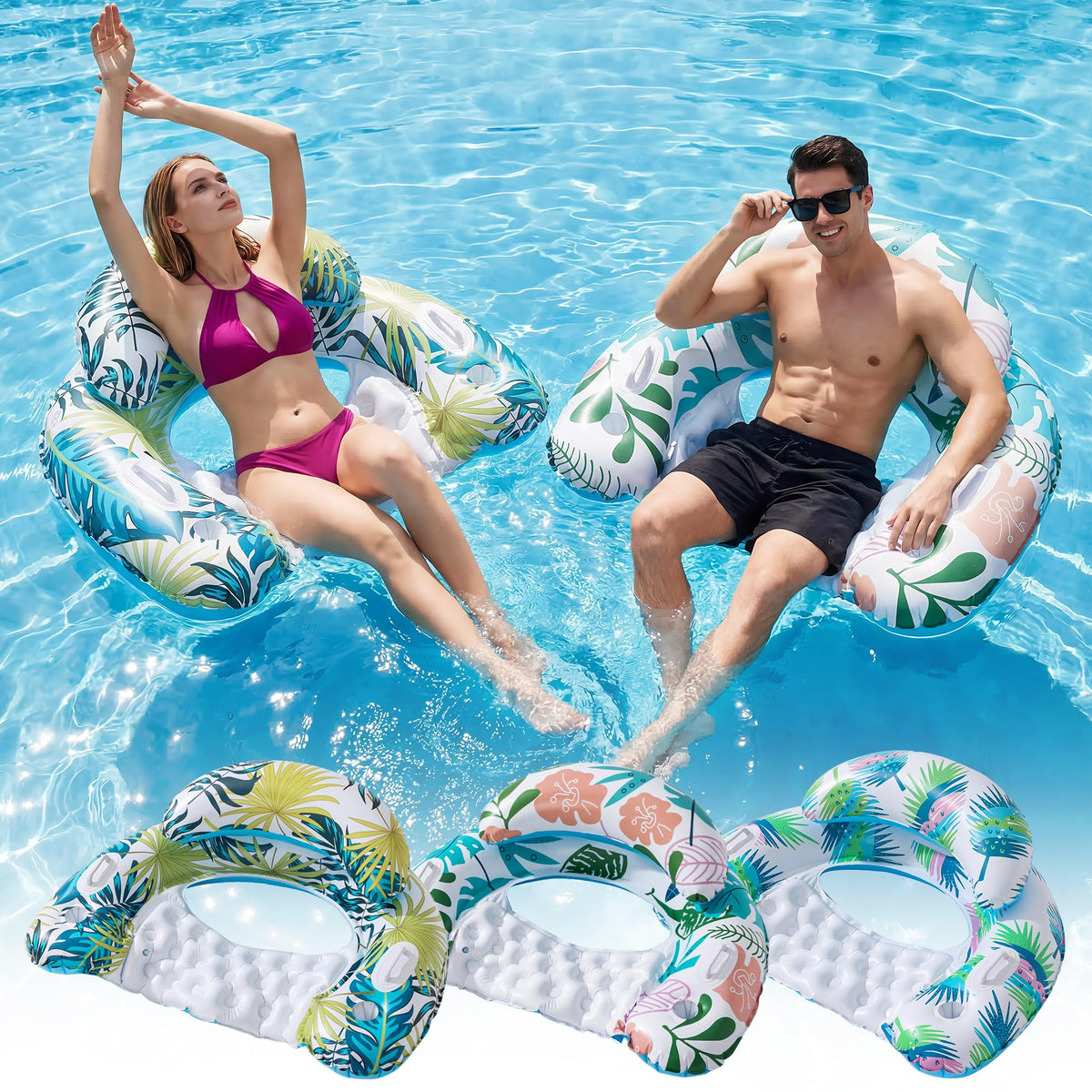 OKSUWATER 3-pack pool floats with two cup holders for hands-free sipping.