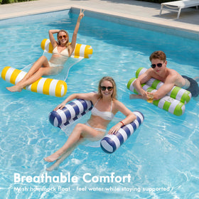 OKSUWATER hammock-style floats stay comfortably surfaced just below water level.