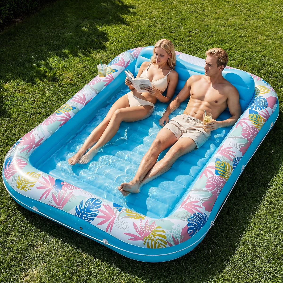 OKSUWATER tanning pool lounger blue XL shown full for shared sunbathing by the pool.