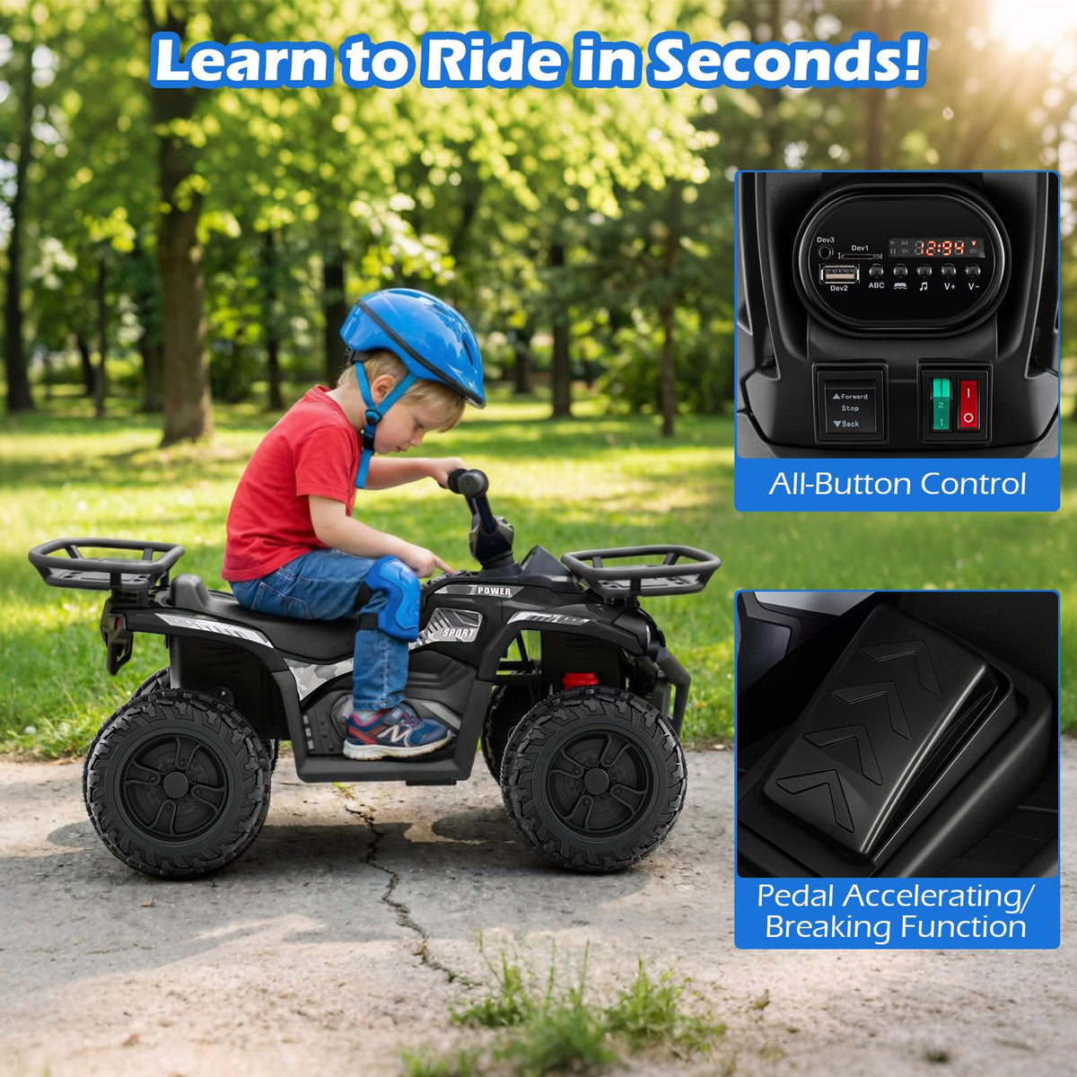 OLAKIDS 12V ATV front bumper guards during playful bounces.