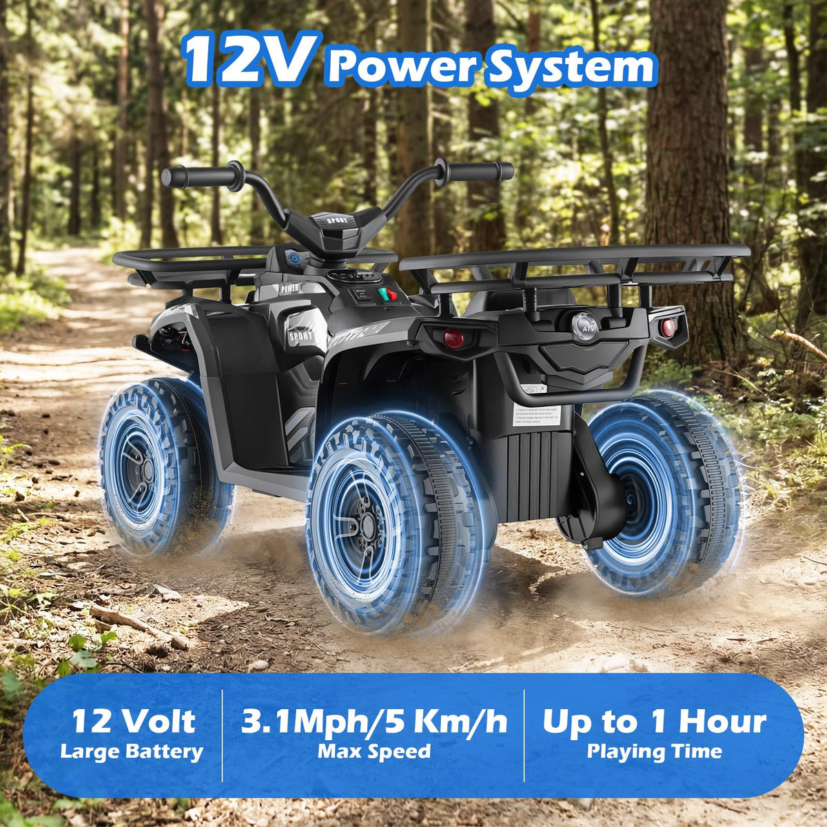 OLAKIDS 12V ATV rear view shows storage space for treasures.