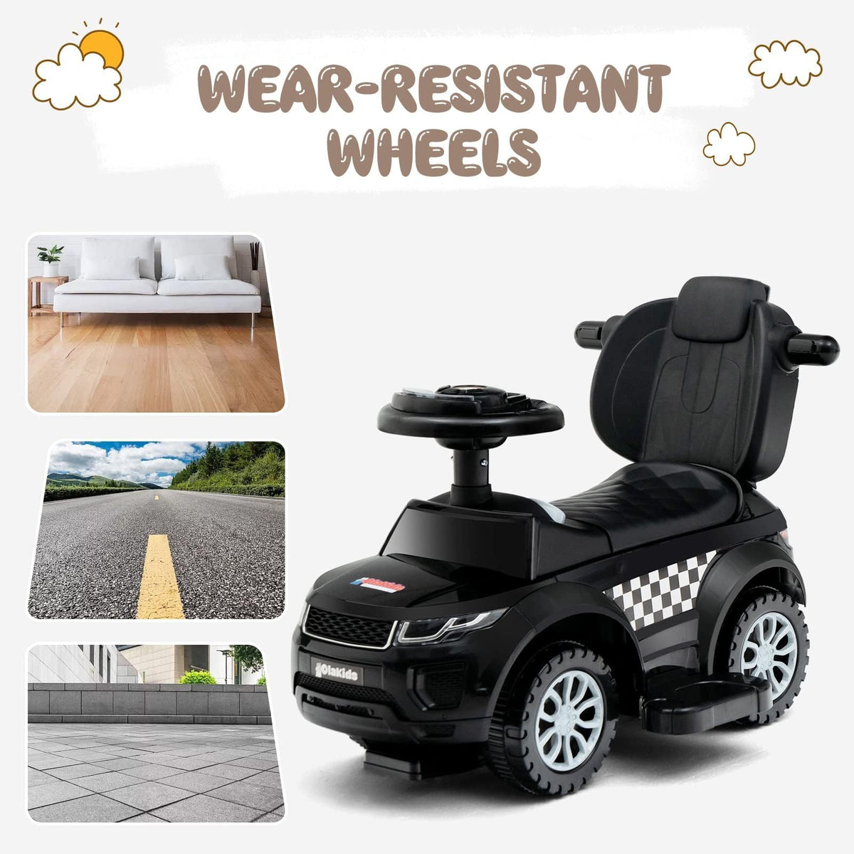OLAKIDS 4 in 1 ride-on dark durable PP material: built to support toddlers' growth