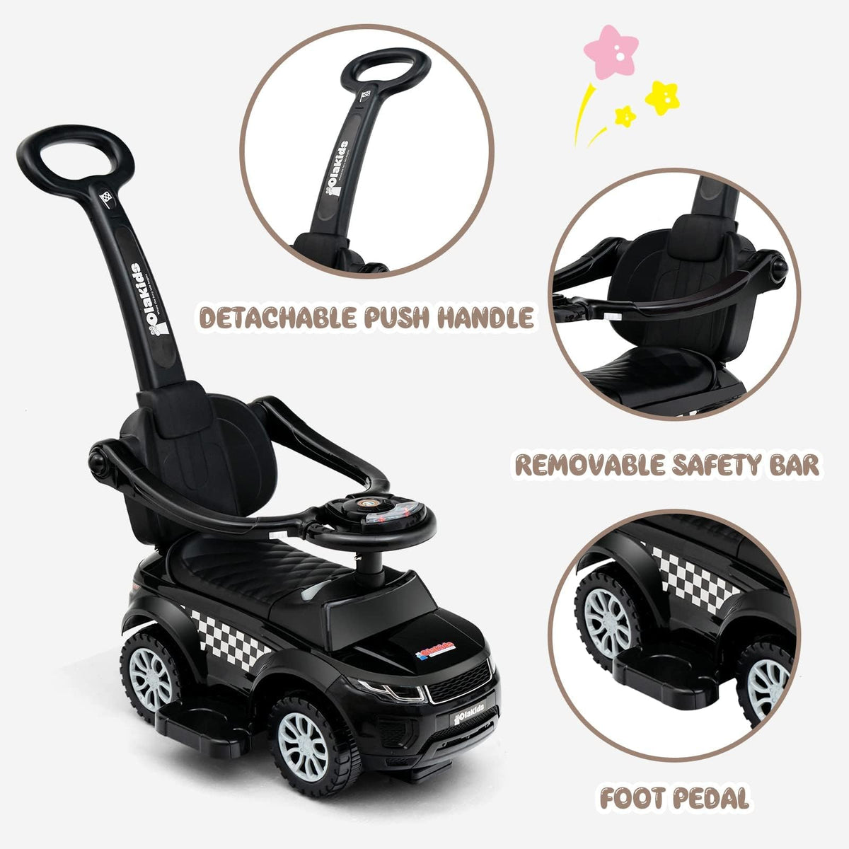 OLAKIDS 4 in 1 ride-on dark riding mode: kid-friendly steering for imaginative play