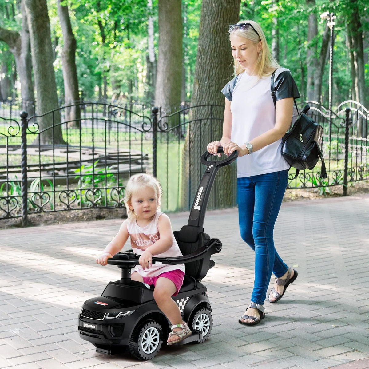 OLAKIDS 4 in 1 ride-on dark stroller mode: easy parent-assisted push