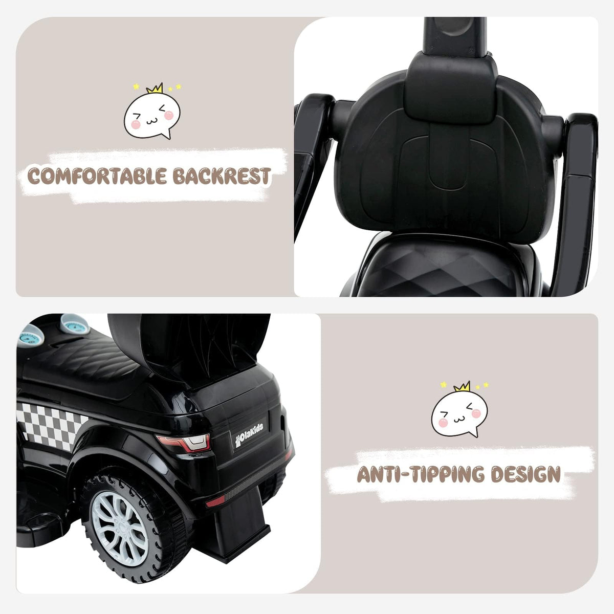 OLAKIDS 4 in 1 ride-on dark under-seat storage: extra space for snacks and toys